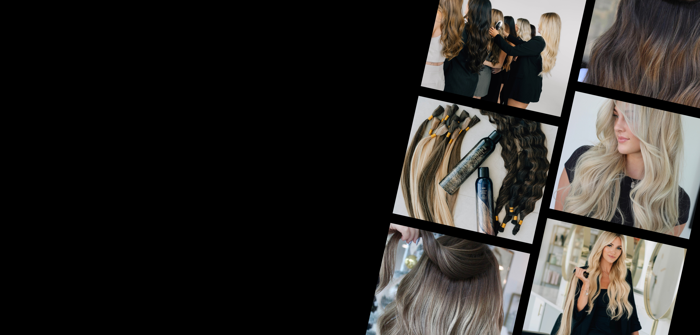 Collage of hair extensions and styling options with people wearing them.